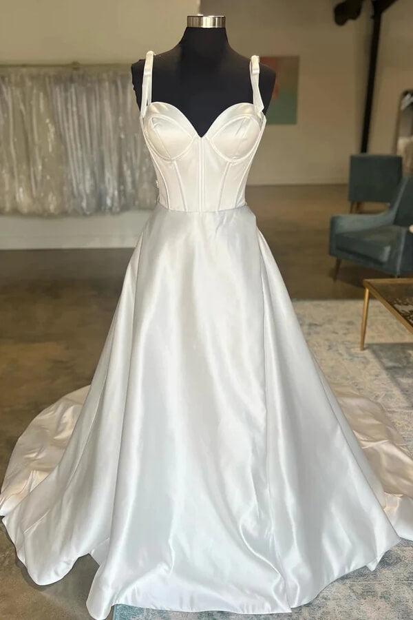 Vestido de novia NumberSea de satén sencillo, corte A, escote corazón y tirantes con lazo, MW957