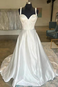 Vestido de novia NumberSea de satén sencillo, corte A, escote corazón y tirantes con lazo, MW957