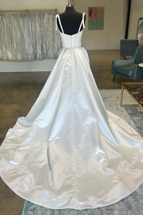 Vestido de novia NumberSea de satén sencillo, corte A, escote corazón y tirantes con lazo, MW957