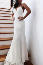 NumberSea Schlichtes Meerjungfrau-Brautkleid aus Satin mit V-Ausschnitt und Spaghettiträgern und Schleife, MW691