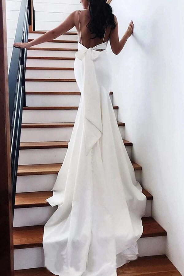 NumberSea Schlichtes Meerjungfrau-Brautkleid aus Satin mit V-Ausschnitt und Spaghettiträgern und Schleife, MW691