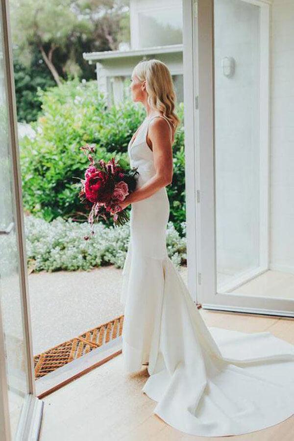 Vestido de novia NumberSea de satén, corte sirena, escote en V y cola larga, MW632