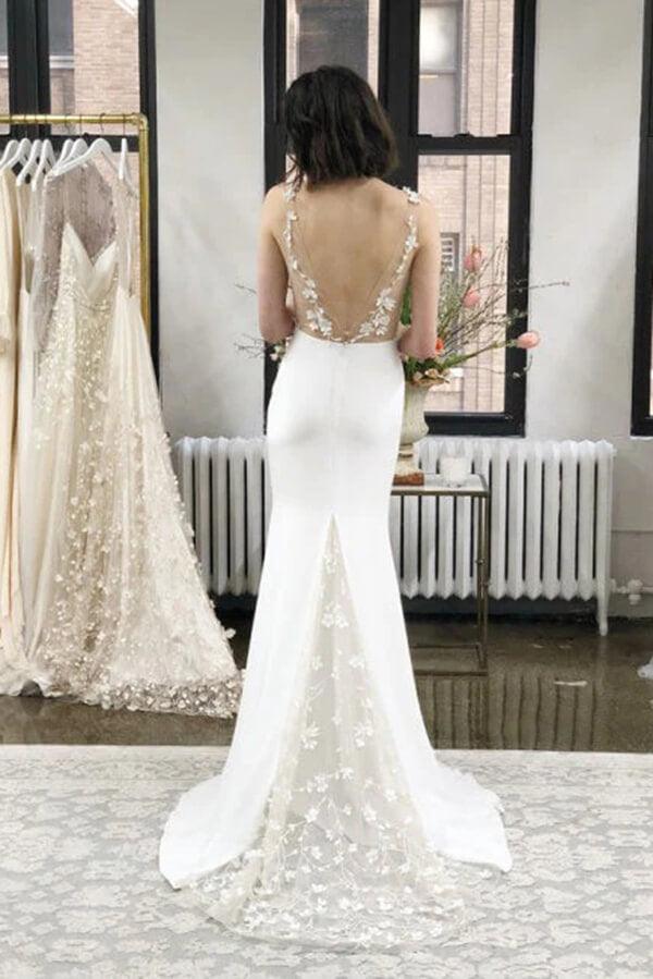 Vestido de novia NumberSea de satén sencillo, corte en V profundo y apliques de encaje, MW746
