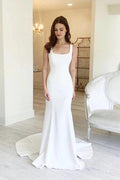 Vestido de novia NumberSea de satén sencillo, con escote cuadrado, espalda descubierta y cola larga, MW755