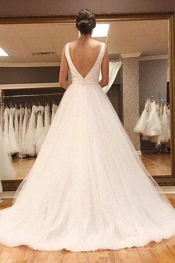 Vestido de novia NumberSea de tul sencillo, corte A, escote en V y espalda abierta, MW765