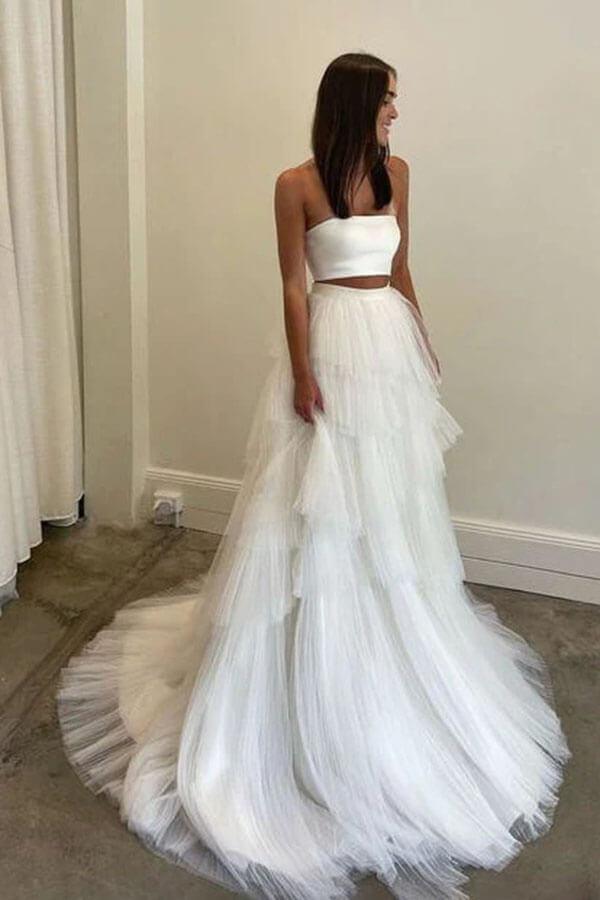 Vestido de novia sencillo de dos piezas con falda de tul en capas de NumberSea, MW1005