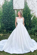 Vestido de novia NumberSea, sencillo, blanco, corte A, de satén, con tirantes finos y escote corazón, MW757