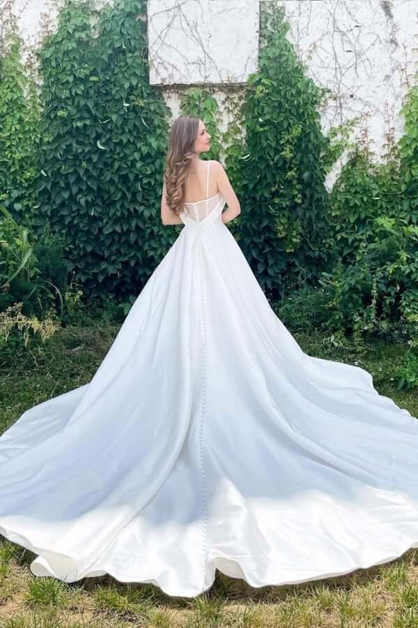 Vestido de novia NumberSea, sencillo, blanco, corte A, de satén, con tirantes finos y escote corazón, MW757
