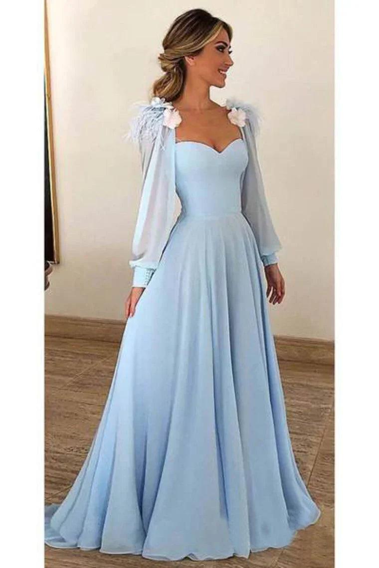 Vestidos de fiesta de gasa de manga larga, vestido formal modesto