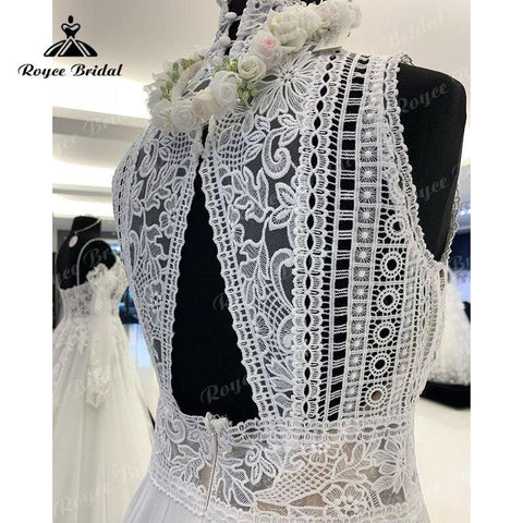 NumberSea Sleeveless A Line Boho Wedding Dress Beach High Neck Lace Bodice Open Back Sweep 2025 Civil Bridal Gown Chiffon vestido de novia