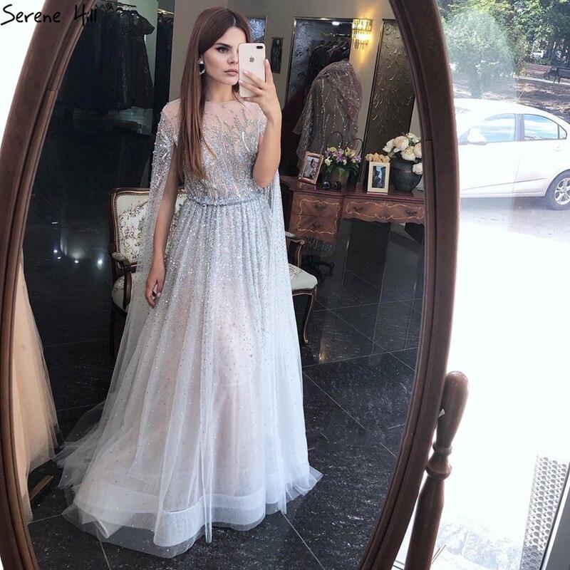 Sliver Arabic Luxury Beading Cape Sleeves  A-Line Evening Dresses O-Neck A-Line Sexy Evening Gowns cerene Hill LA60869