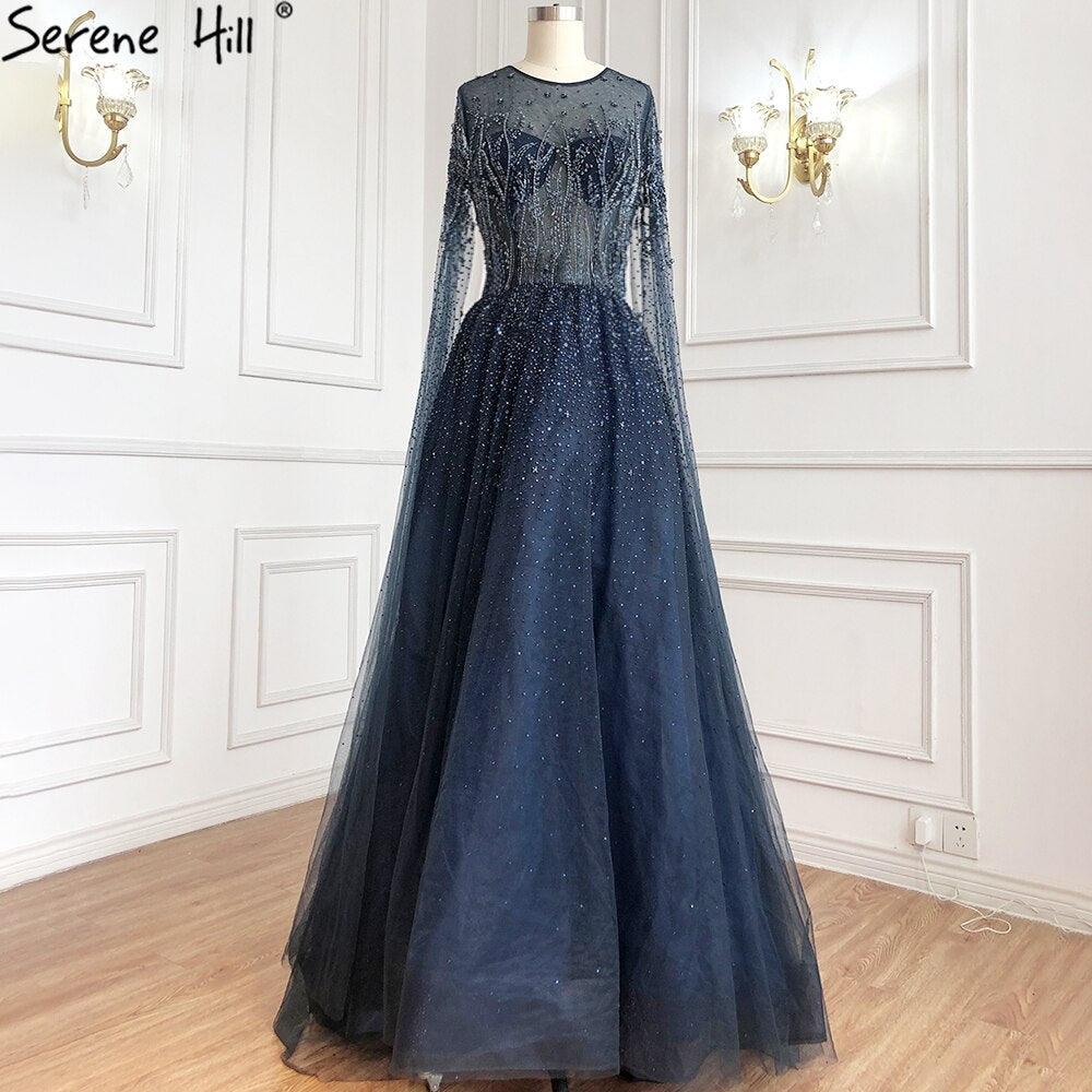 Sliver Arabic Luxury Beading Cape Sleeves  A-Line Evening Dresses O-Neck A-Line Sexy Evening Gowns cerene Hill LA60869