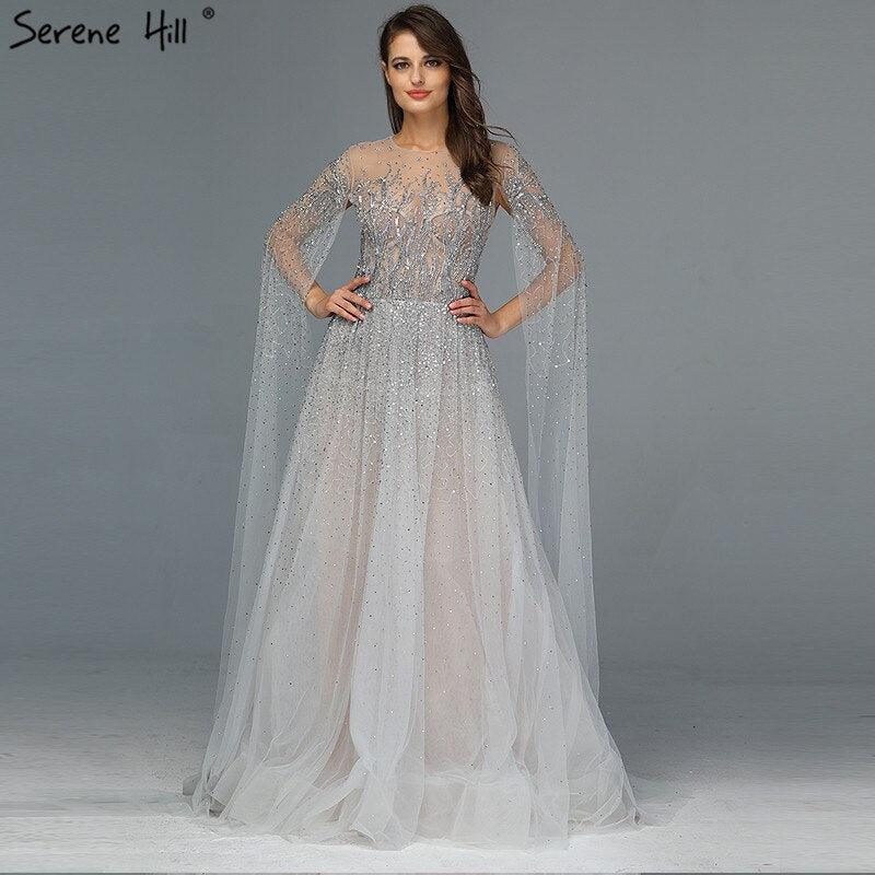 Sliver Arabic Luxury Beading Cape Sleeves  A-Line Evening Dresses O-Neck A-Line Sexy Evening Gowns cerene Hill LA60869