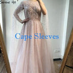 Sliver Arabic Luxury Beading Cape Sleeves  A-Line Evening Dresses O-Neck A-Line Sexy Evening Gowns cerene Hill LA60869