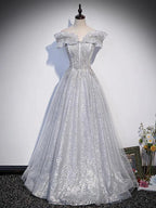Vestido de fiesta de tul brillante gris plateado con hombros descubiertos, vestidos de fiesta largos plateados