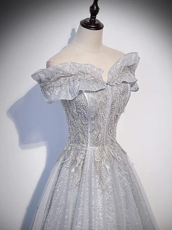 Vestido de fiesta de tul brillante gris plateado con hombros descubiertos, vestidos de fiesta largos plateados