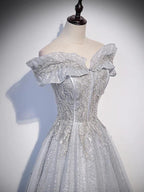 Vestido de fiesta de tul brillante gris plateado con hombros descubiertos, vestidos de fiesta largos plateados