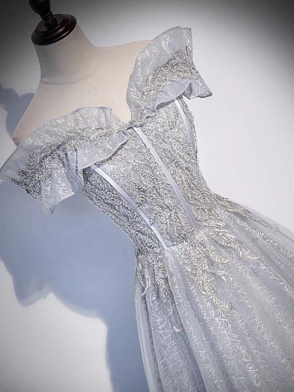 Vestido de fiesta de tul brillante gris plateado con hombros descubiertos, vestidos de fiesta largos plateados