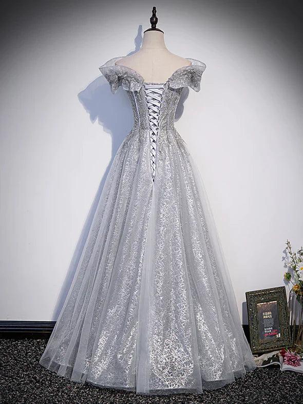 Vestido de fiesta de tul brillante gris plateado con hombros descubiertos, vestidos de fiesta largos plateados