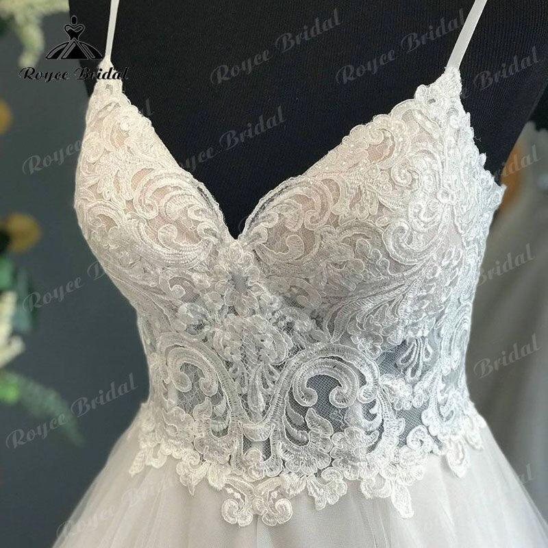 Spaghettiträger Brautkleid mit abnehmbarer Schleife V-Ausschnitt Spitze Mieder Rückenfrei Brautkleid Elegant Boho Braut