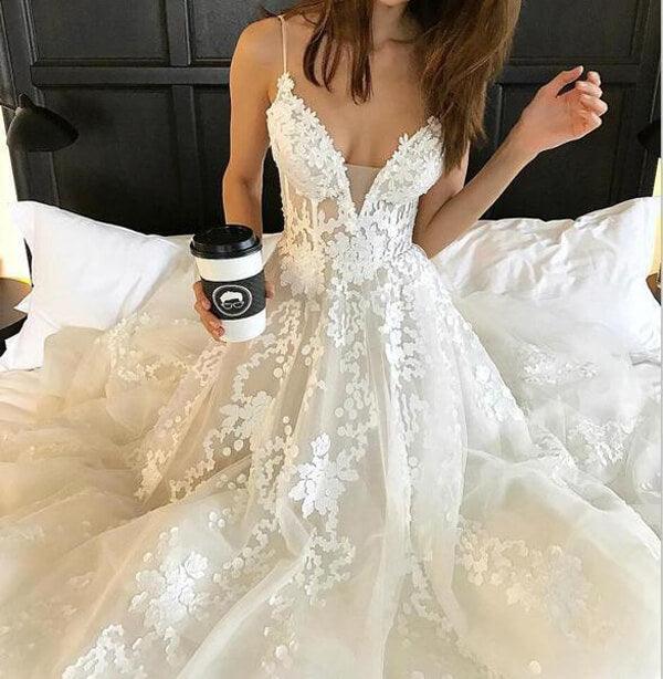 Vestido de novia playero de tirantes finos NumberSea, estilo bohemio, con apliques de encaje, MW340
