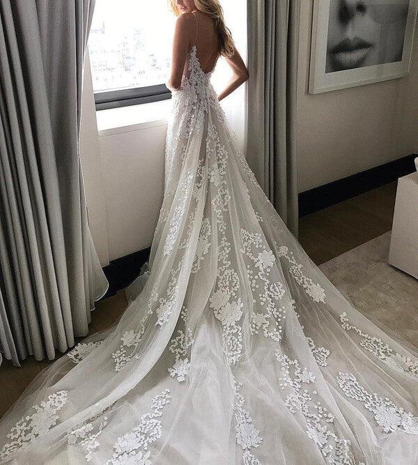Vestido de novia playero de tirantes finos NumberSea, estilo bohemio, con apliques de encaje, MW340