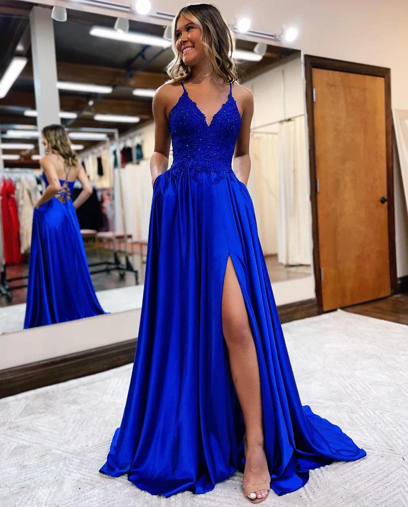Vestido de fiesta corte A tirantes finos corsé espalda con abertura