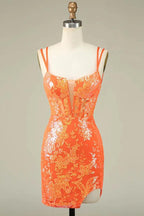 Spaghetti Straps Tight Orange Homecoming Dress Short Prom Dress