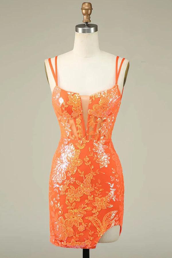 Vestido naranja ajustado con tirantes finos para la fiesta de bienvenida, vestido corto para fiesta de graduación