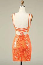 Spaghetti Straps Tight Orange Homecoming Dress Short Prom Dress