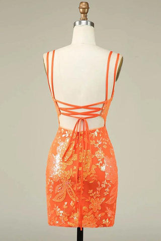 Vestido naranja ajustado con tirantes finos para la fiesta de bienvenida, vestido corto para fiesta de graduación