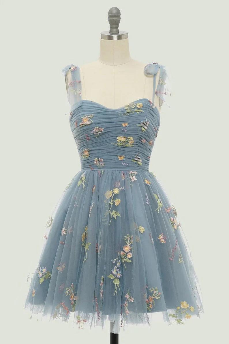 Spaghetti Straps Sleeveless A Line Tulle Floral Short Homecoming Dresses