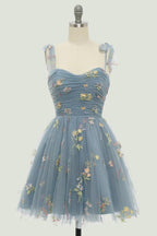 Spaghetti Straps Sleeveless A Line Tulle Floral Short Homecoming Dresses
