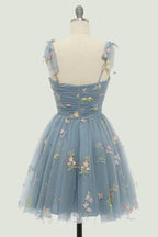 Spaghetti Straps Sleeveless A Line Tulle Floral Short Homecoming Dresses