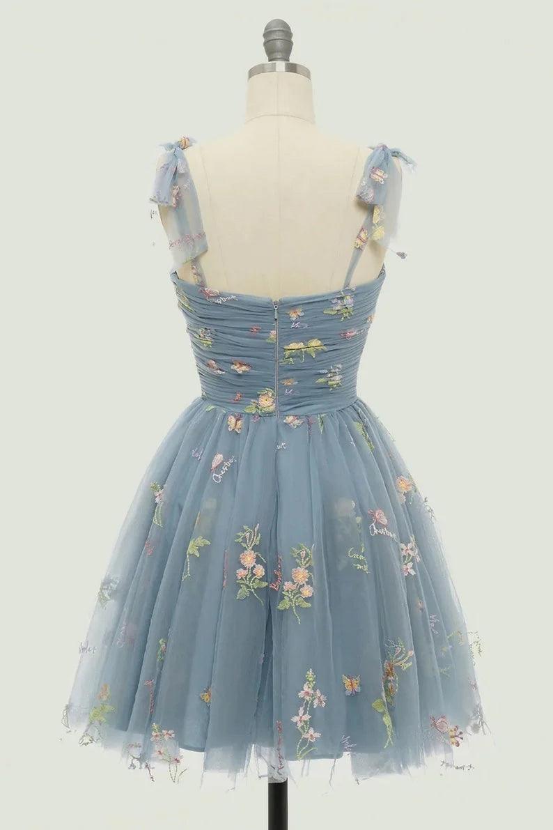 Spaghetti Straps Sleeveless A Line Tulle Floral Short Homecoming Dresses