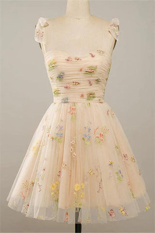 Spaghetti Straps Sleeveless A Line Tulle Floral Short Homecoming Dresses