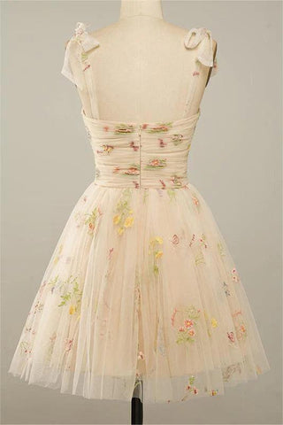 Spaghetti Straps Sleeveless A Line Tulle Floral Short Homecoming Dresses