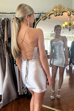 Spaghetti Straps Tight Silver Homecoming Dress Cocktail Dress PD564
