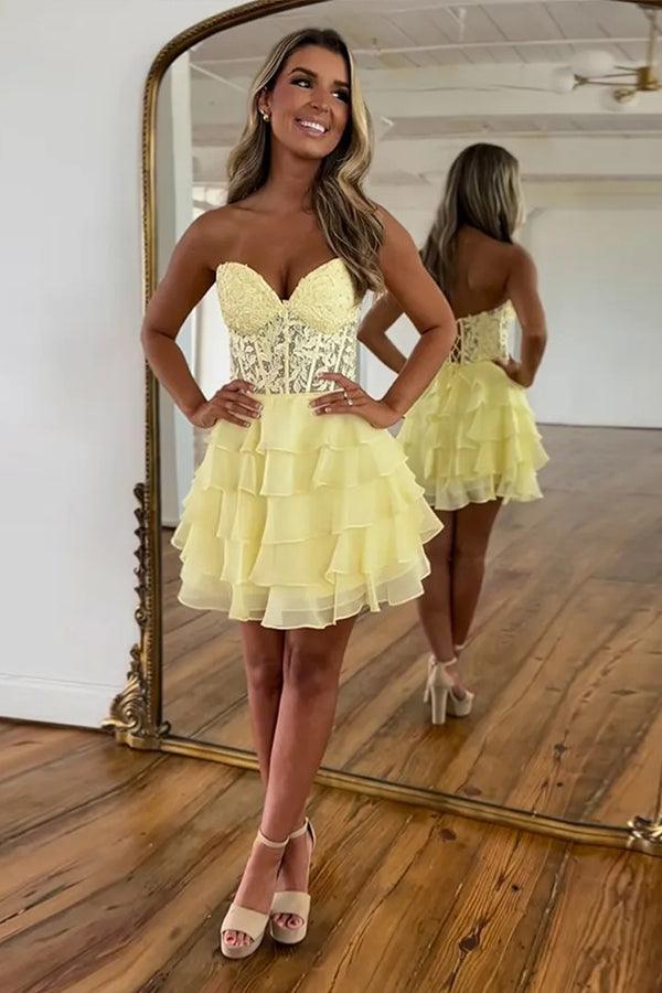 Sparkly A-line Strapless Appliques Tiered Lilac Homecoming Dress