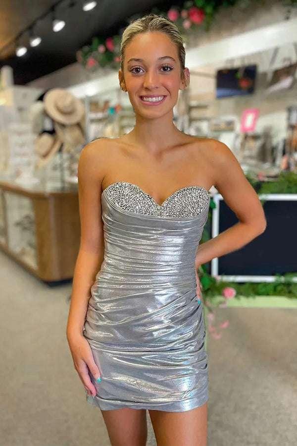 Sparkly Beaded Strapless Tight Satin Silver Homecoming Dress  PD536