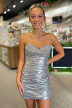 Sparkly Beaded Strapless Tight Satin Silver Homecoming Dress  PD536