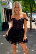 Sparkly Off the Shoulder Corset Ruffle Black Homecoming Dress