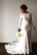 Vestido de novia NumberSea con escote barco, sirena, mangas largas y encaje romántico y brillante, MW544