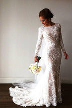 Vestido de novia NumberSea con escote barco, sirena, mangas largas y encaje romántico y brillante, MW544