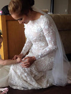 Vestido de novia NumberSea con escote barco, sirena, mangas largas y encaje romántico y brillante, MW544