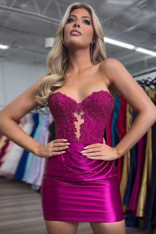 Sparkly Strapless Beaded Appliques Fuchsia Homecoming Dress