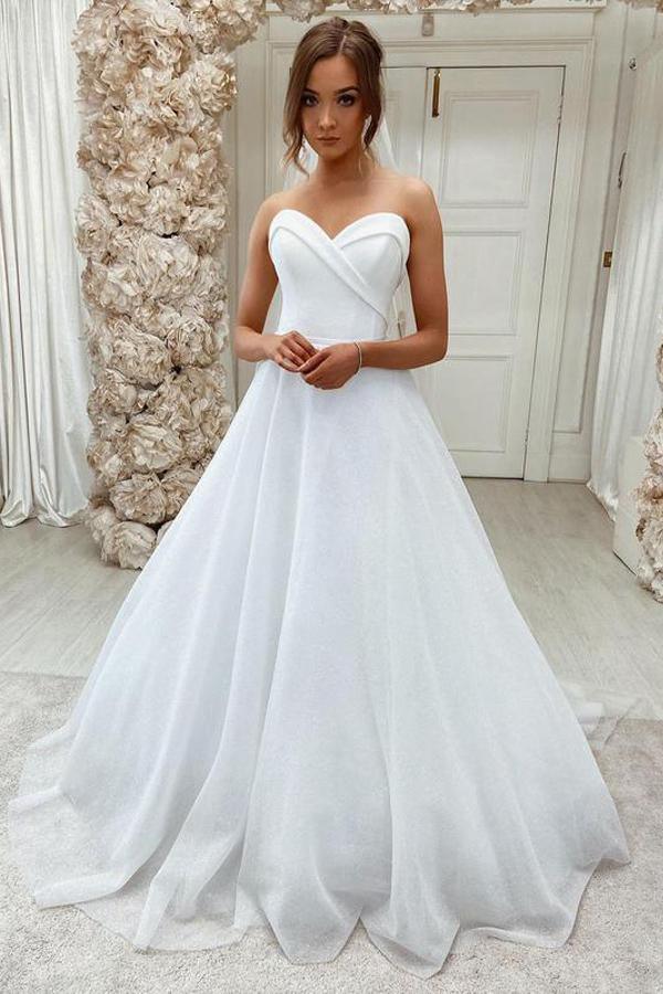 Vestido de novia NumberSea de tul blanco brillante con encaje, corte en A, escote corazón y cola larga, MW613