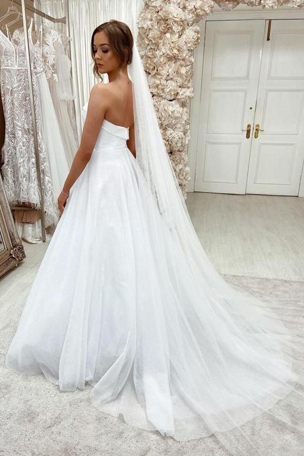 Vestido de novia NumberSea de tul blanco brillante con encaje, corte en A, escote corazón y cola larga, MW613