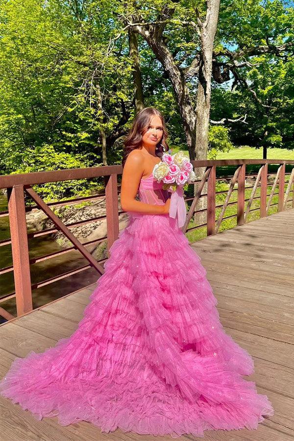 Sparkly Tiered Ruffles Gold Prom Dress Strapless Evening Dress