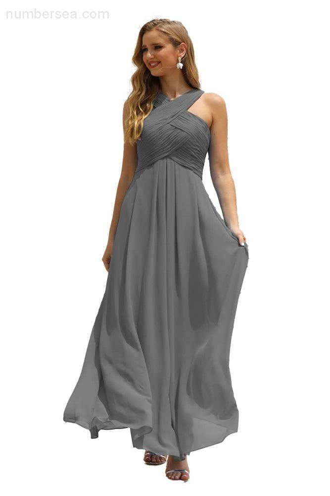 Numbersea Women Halter Chiffon Bridesmaid Dress A-line Long Formal Prom Gown SEA28015-numbersea